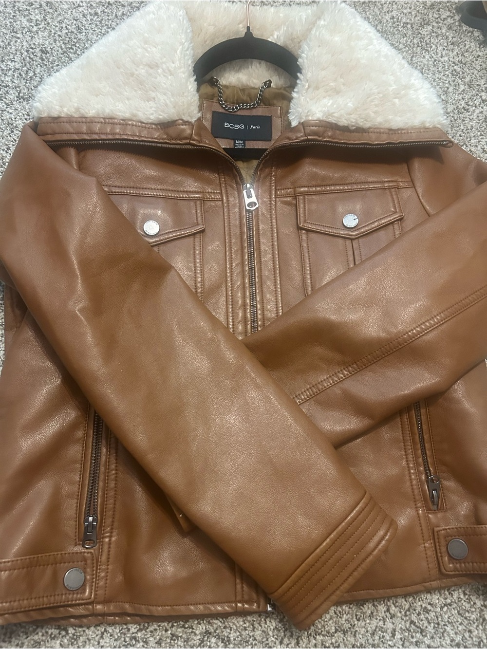 BCBG Tan Faux-Leather Moto Jacket with Cream Sherpa Collar - Picture 9 of 15